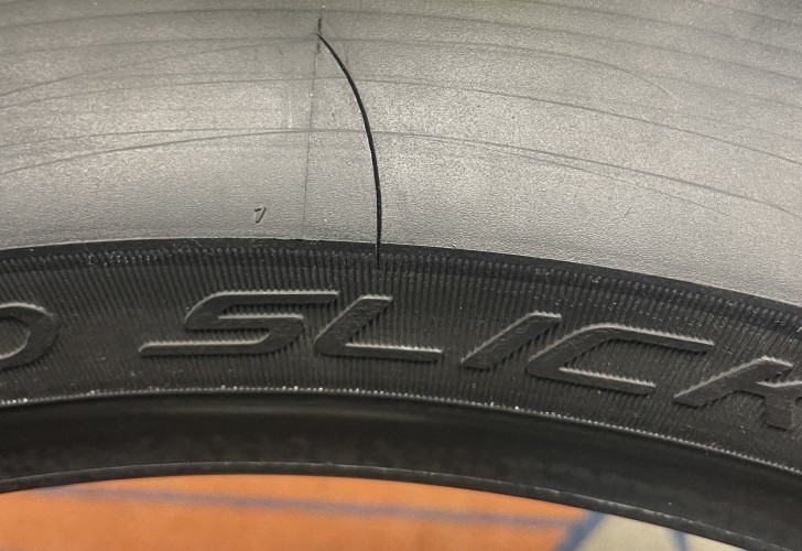 Split tyre caused by fitting during cold weather.
